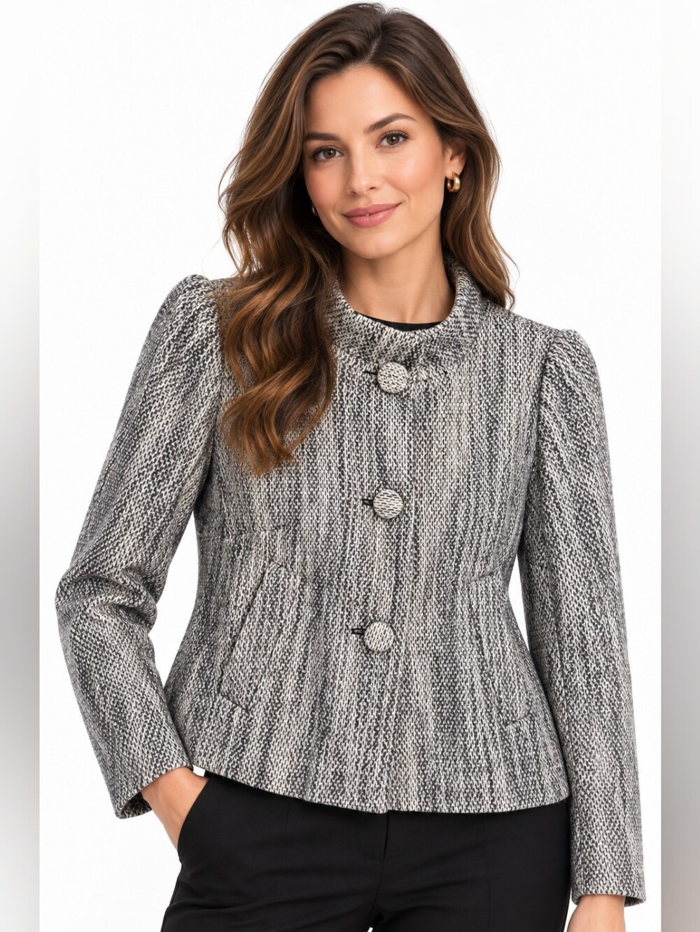 Banana Republic Wool Blend Tweed Peplum Jacket Covered Buttons Small office chic